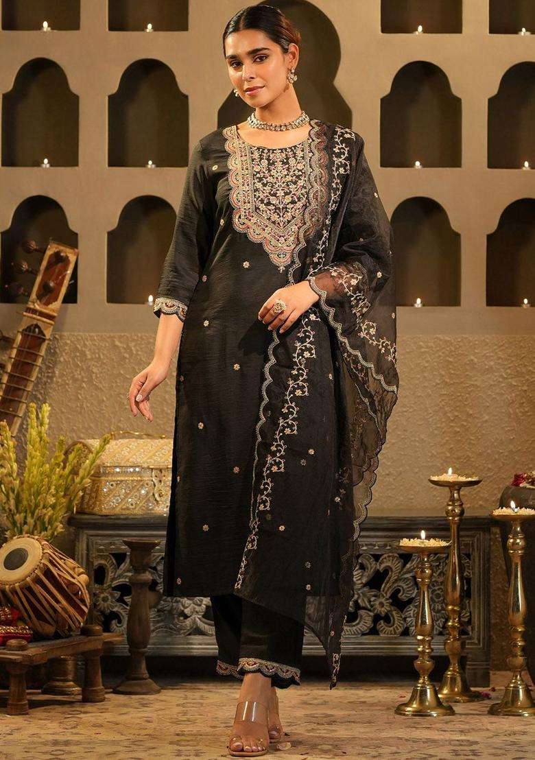 Black Embroidered Chinon Kurta Set - Indya