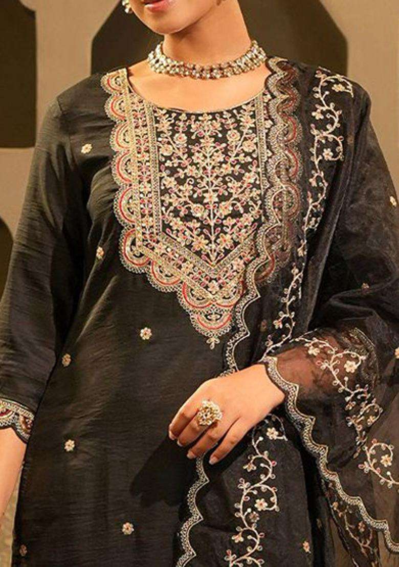 Black Embroidered Chinon Kurta Set - Indya