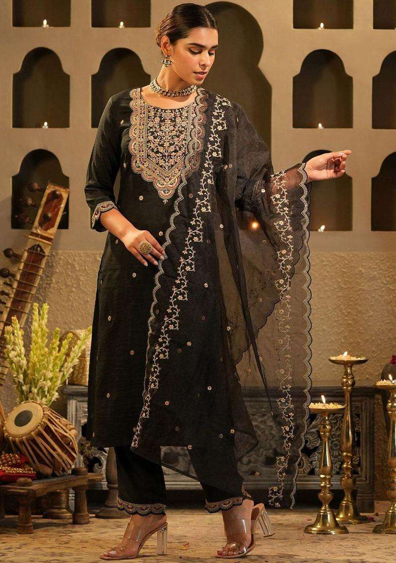 Black Embroidered Chinon Kurta Set - Indya