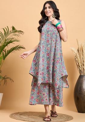 Grey Printed Cotton Kurta Set