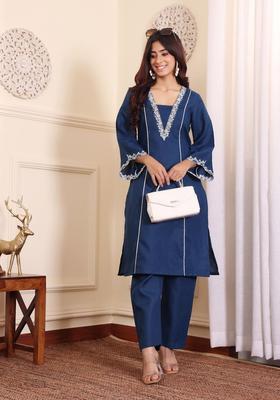 Navy Blue Embroidered Cotton Kurta Set