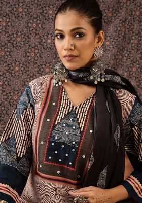 Beige Printed Cotton Kurta Set