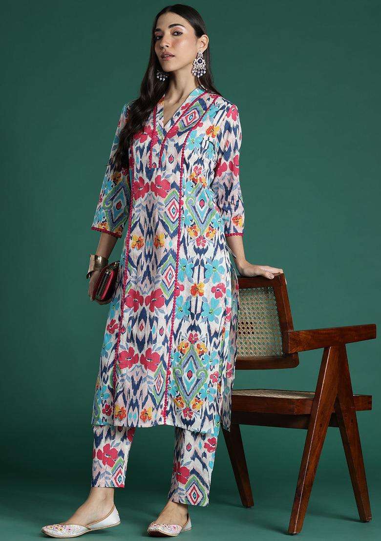 Multicolor Printed Cotton Kurta Set - Indya