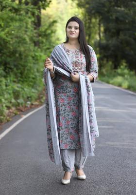 Grey Printed Cotton Kurta Set