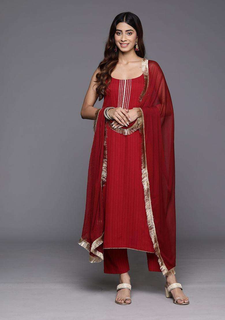 Maroon Solid Silk Blend Kurta Set - Indya
