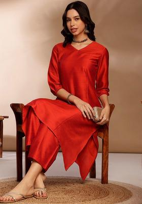 Red Solid Silk Blend Kurta Set
