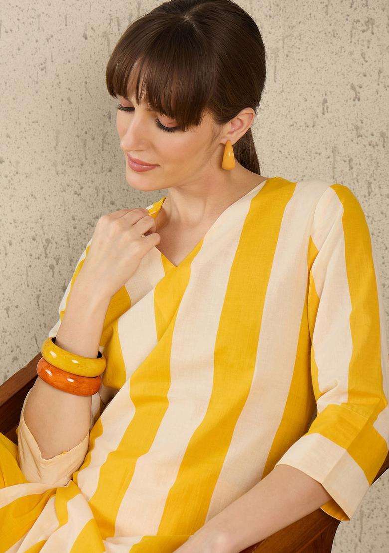 Yellow Striped Cotton Kurta Set - Indya