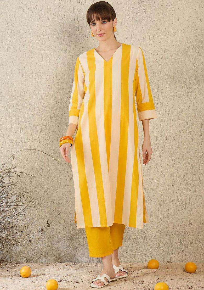 Yellow Striped Cotton Kurta Set - Indya