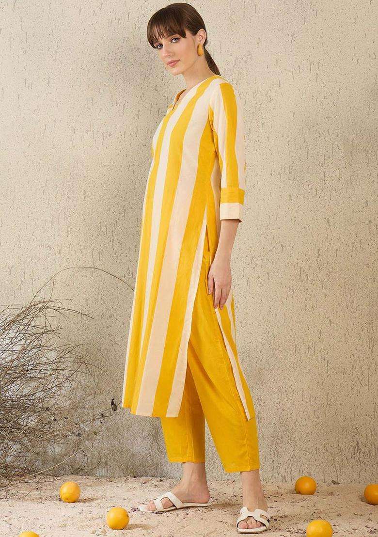 Yellow Striped Cotton Kurta Set - Indya