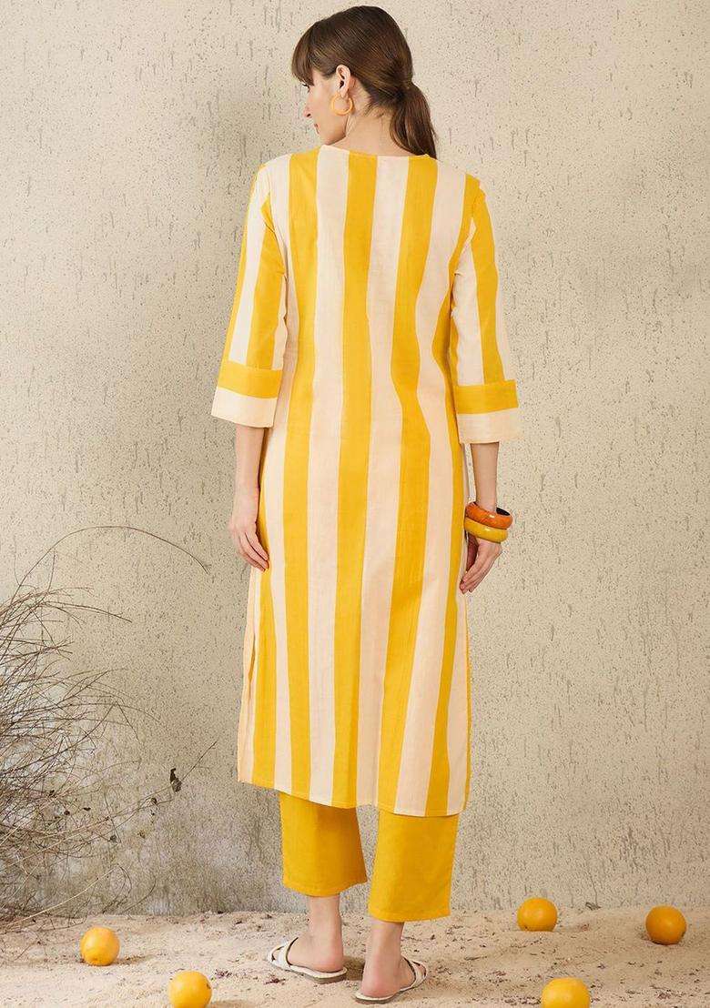 Yellow Striped Cotton Kurta Set - Indya