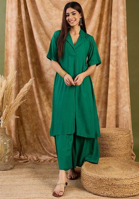 Green Solid Viscose Kurta Set — view on Indya