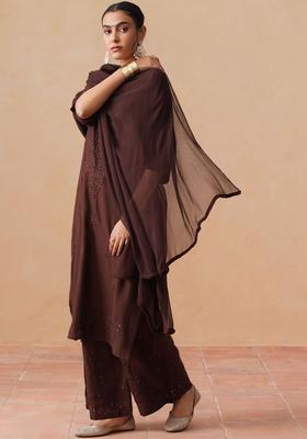 Brown Embroidered Viscose Kurta Set