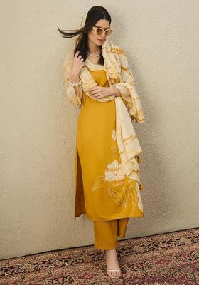 Mustard Embroidered Viscose Kurta Set