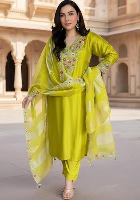 Lime Green Embroidered Silk Kurta Set
