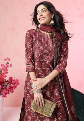 Burgundy Printed Silk Kurta Set