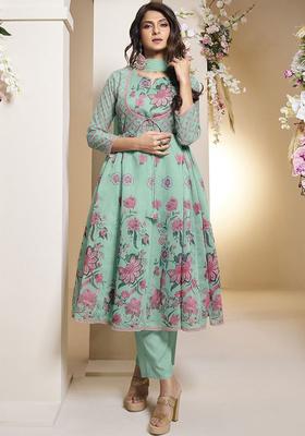 Sea Green Printed Silk Anarkali Set