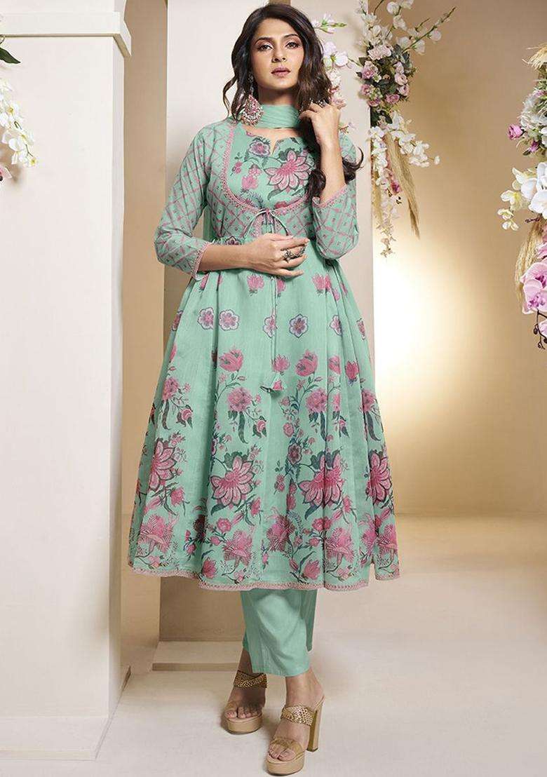 Sea Green Printed Silk Anarkali Set - Indya