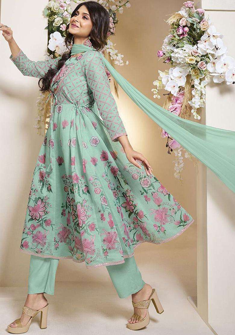 Sea Green Printed Silk Anarkali Set - Indya