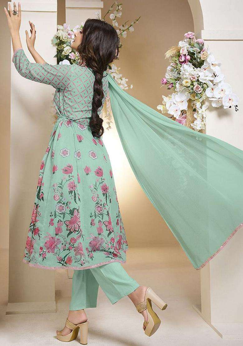 Sea Green Printed Silk Anarkali Set - Indya