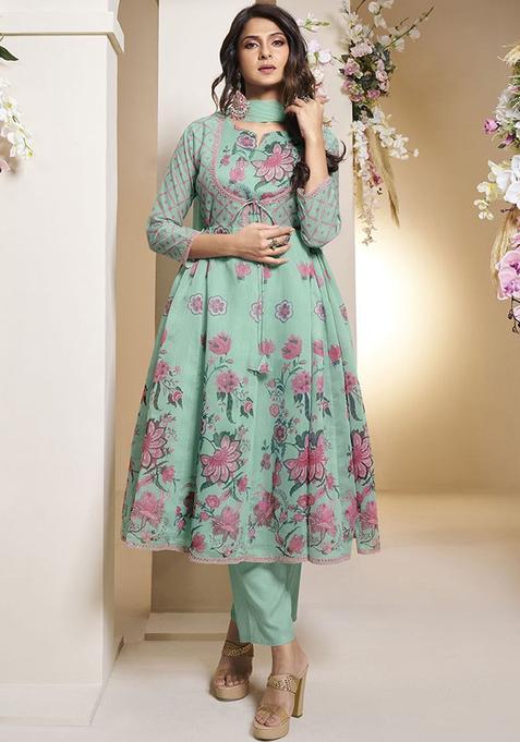 Sea Green Printed Silk Anarkali Set — view on Indya