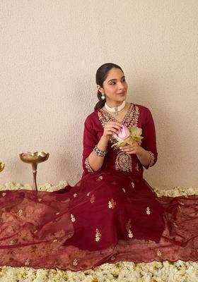 Maroon Embroidered Chinon Kurta Set