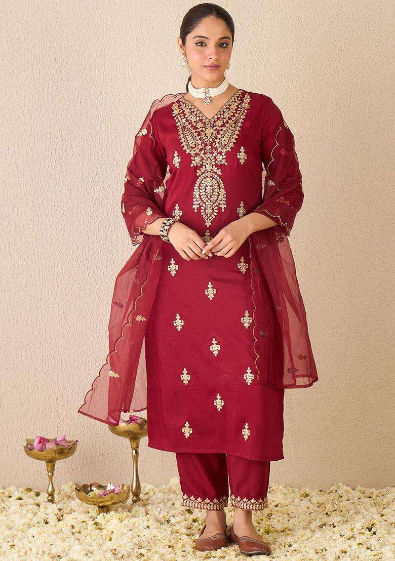 Maroon Embroidered Chinon Kurta Set - Indya