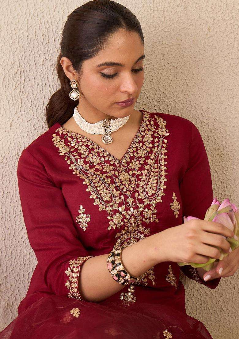 Maroon Embroidered Chinon Kurta Set - Indya