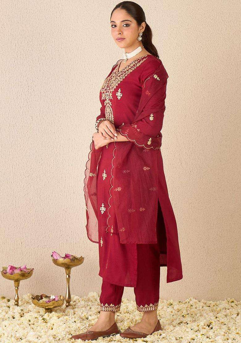 Maroon Embroidered Chinon Kurta Set - Indya