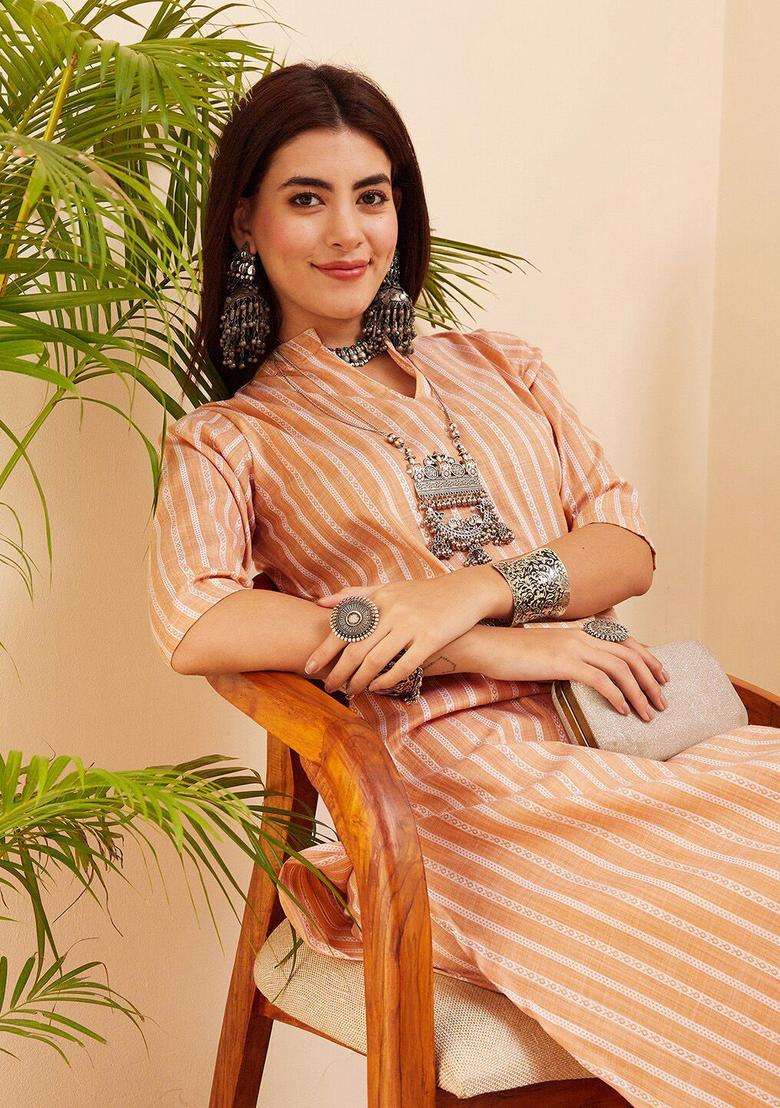 Coral Striped Viscose Kurta Set - Indya