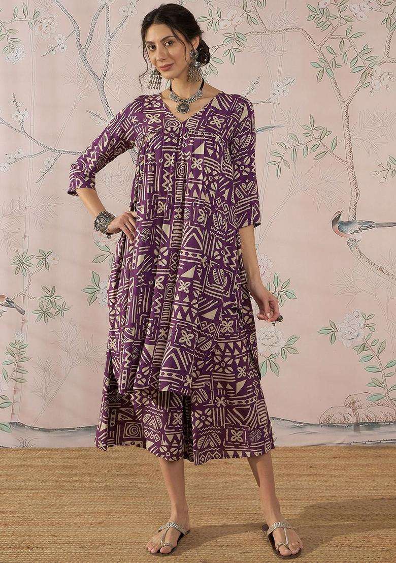 Mauve Printed Viscose Anarkali Set - Indya