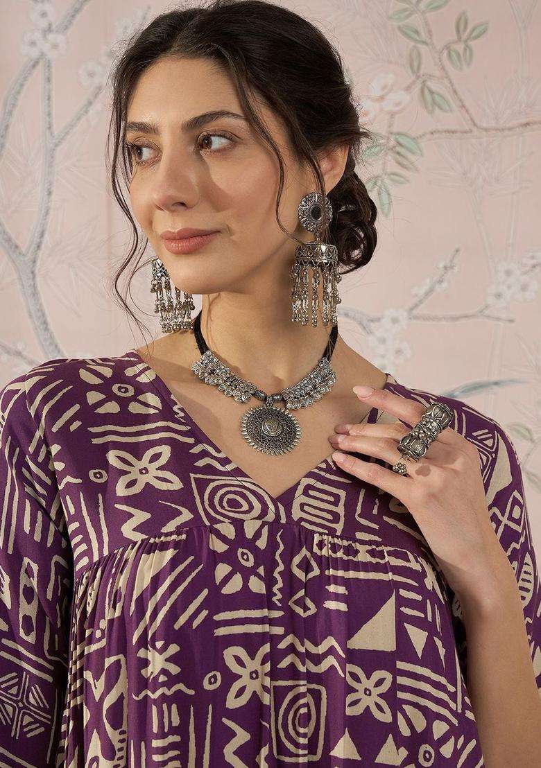 Mauve Printed Viscose Anarkali Set - Indya