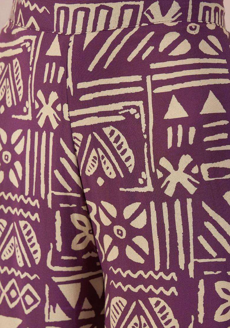 Mauve Printed Viscose Anarkali Set - Indya