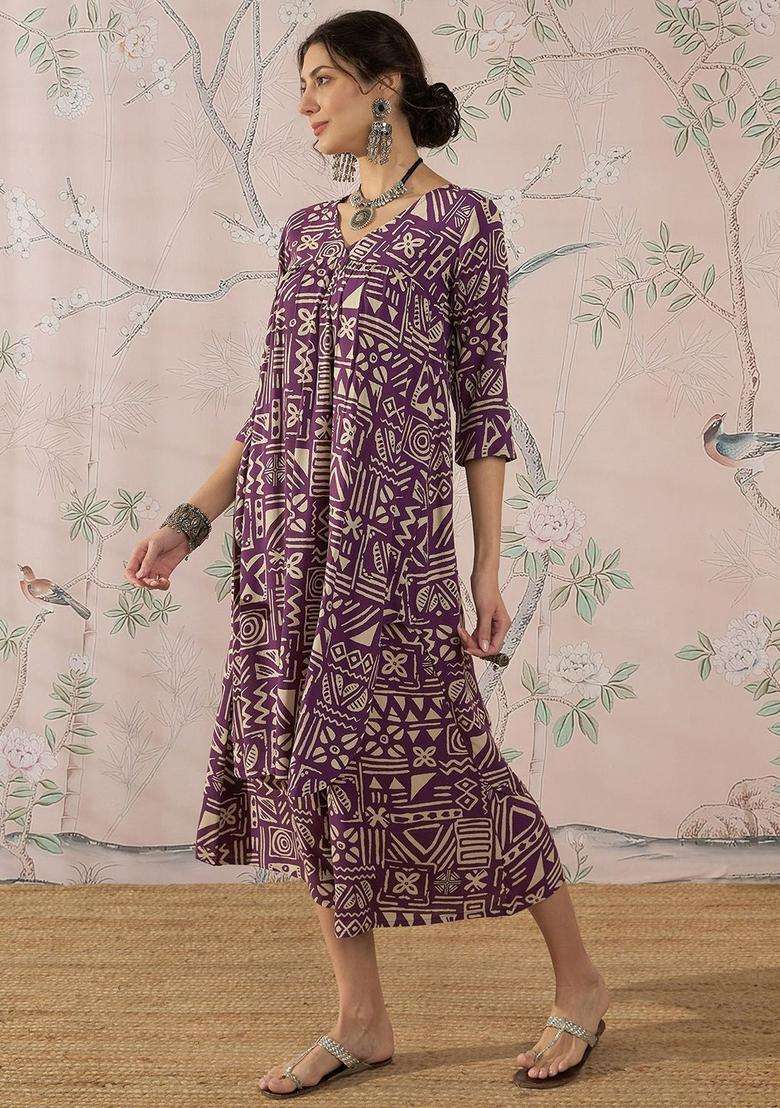Mauve Printed Viscose Anarkali Set - Indya