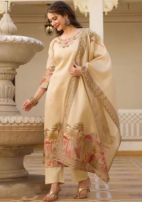 Cream Printed Silk Kurta Set