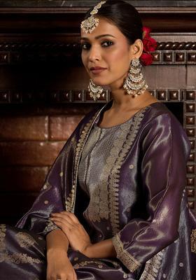 Purple Woven Design Silk Blend Kurta Set