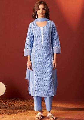 Blue Self Design Cotton Kurta Set