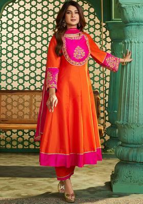 Orange Embroidered Silk Blend Anarkali Set