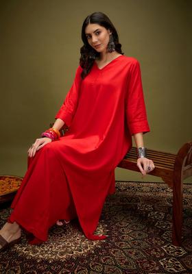 Red Solid Viscose Kurta Set