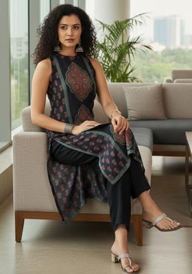 Navy Blue Printed Silk Blend Kurta Set