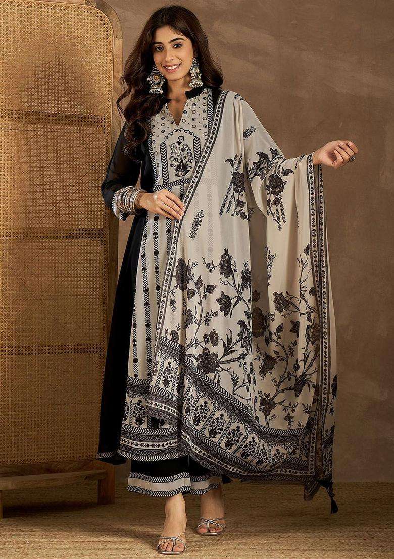 Black Printed Georgette Kurta Set - Indya