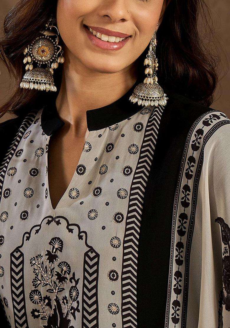 Black Printed Georgette Kurta Set - Indya