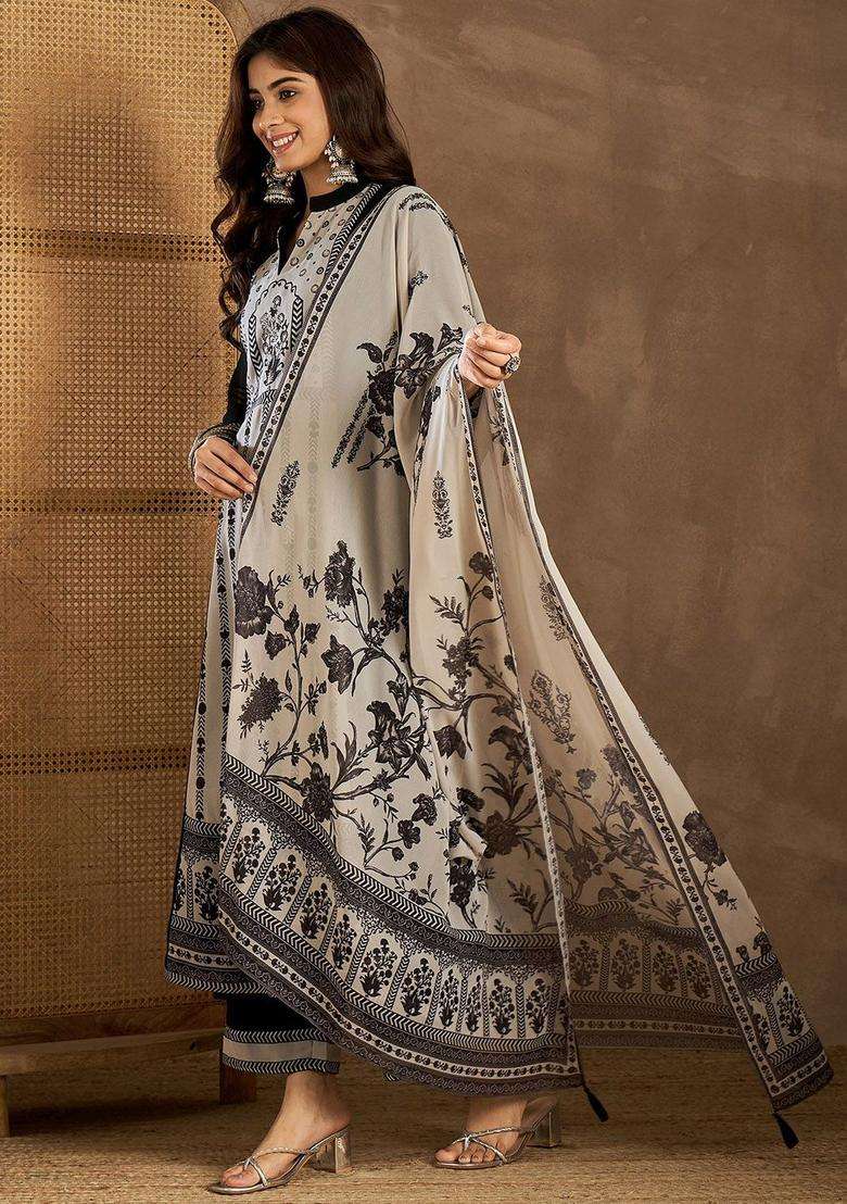 Black Printed Georgette Kurta Set - Indya
