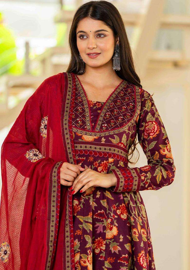 Burgundy Printed Cotton Anarkali Set - Indya