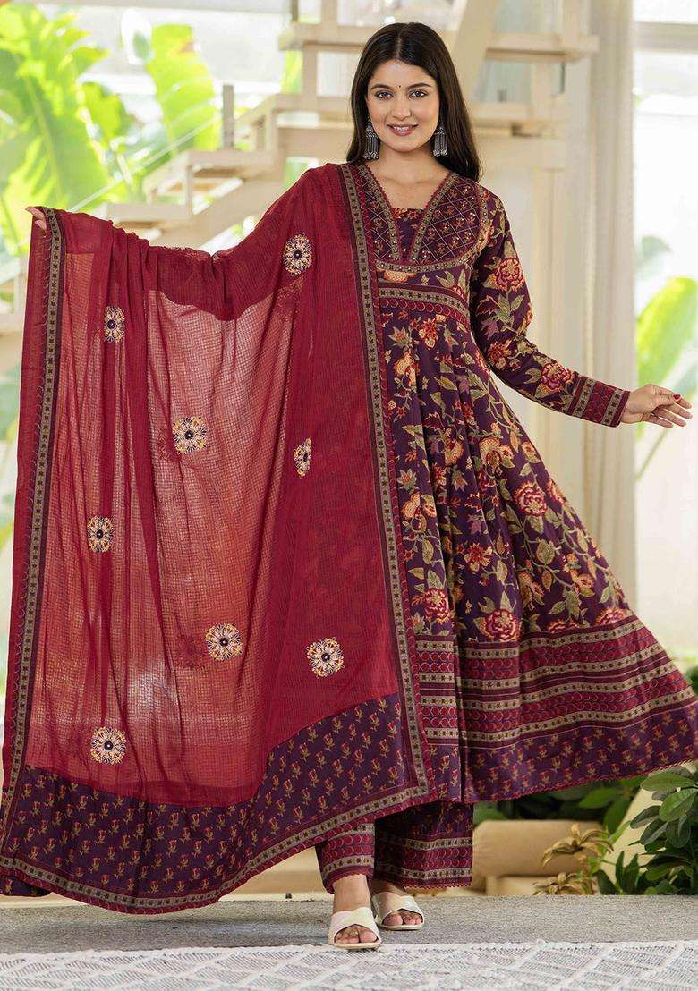 Burgundy Printed Cotton Anarkali Set - Indya