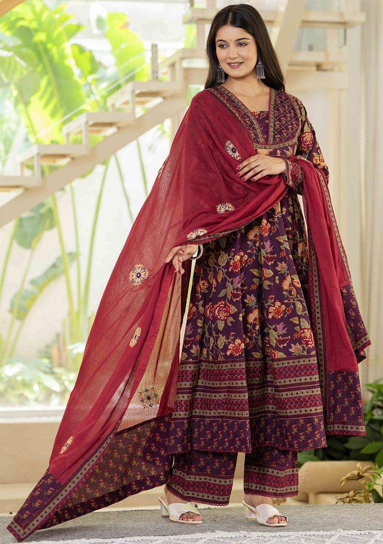 Burgundy Printed Cotton Anarkali Set - Indya
