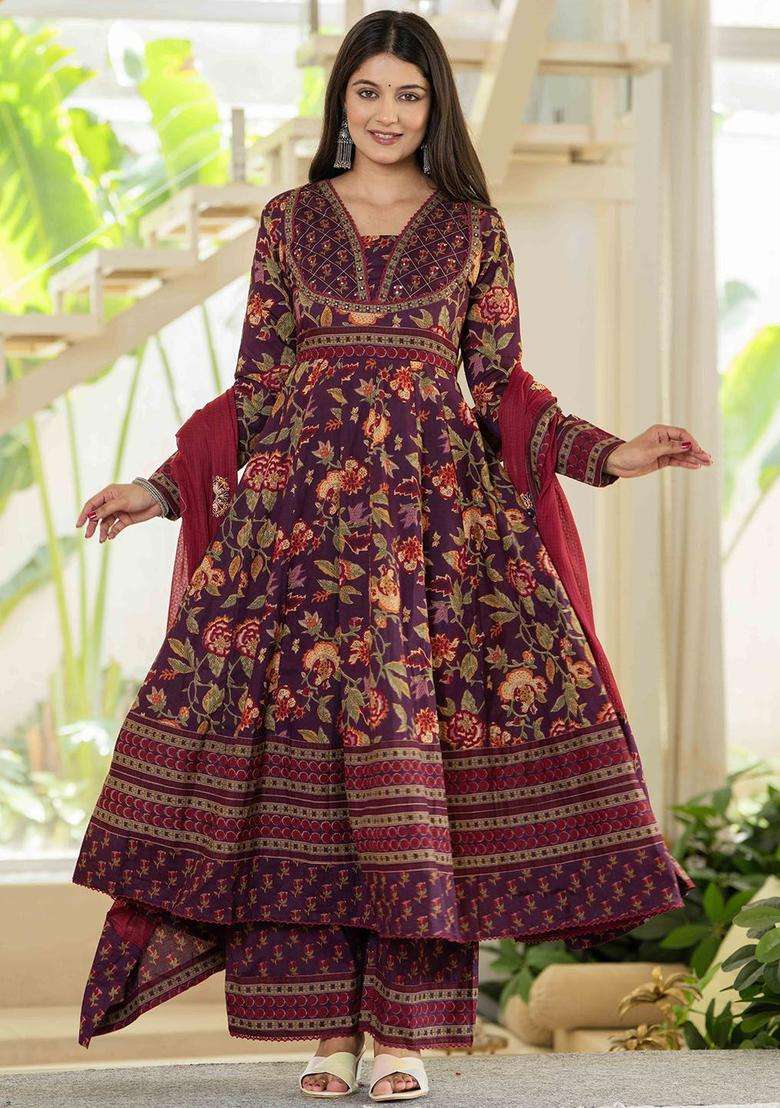 Burgundy Printed Cotton Anarkali Set - Indya