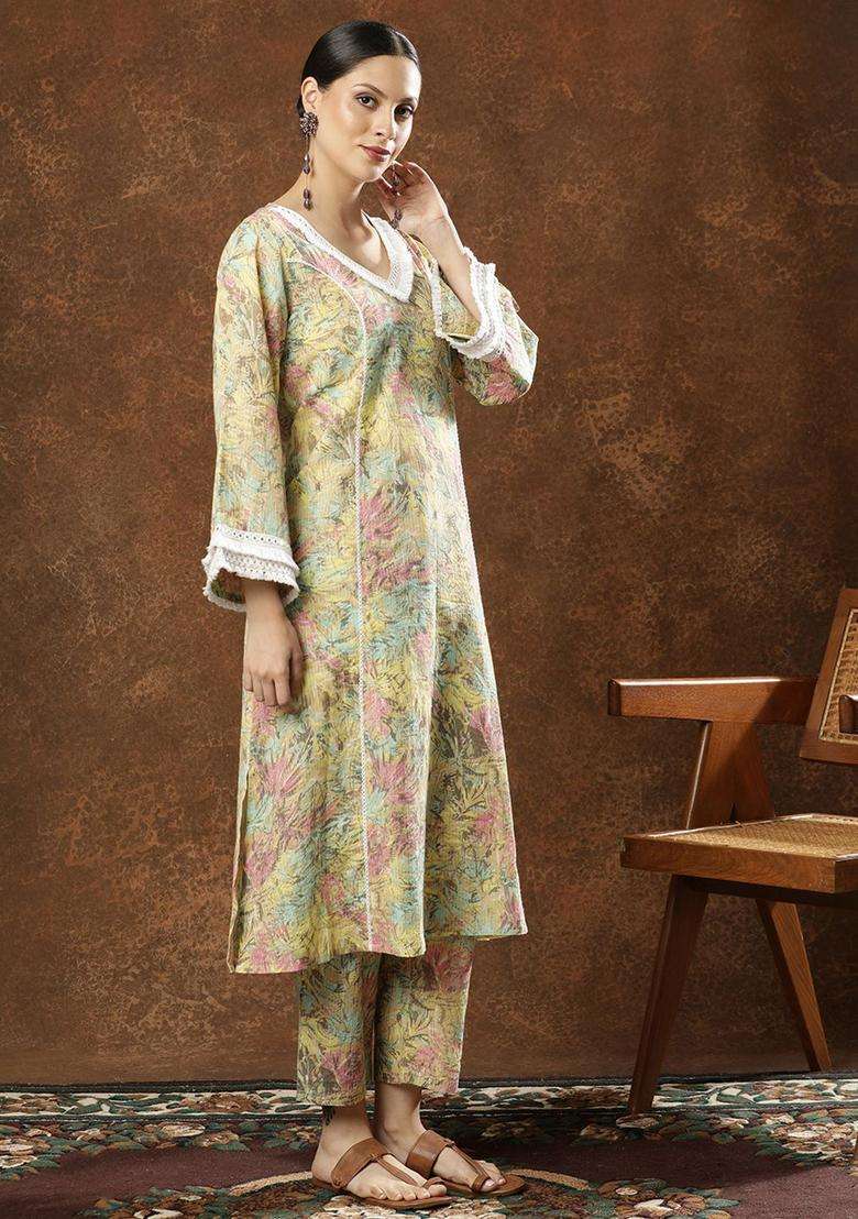 Multicolor Printed Cotton Kurta Set - Indya