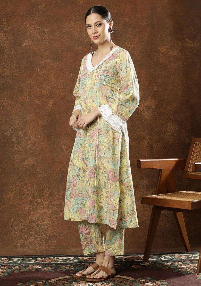 Multicolor Printed Cotton Kurta Set - Indya