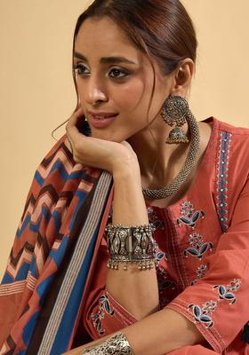 Rust Embroidered Cotton Kurta Set