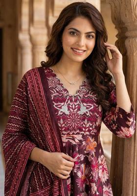 Burgundy Printed Cotton Kurta Set